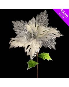 Davies Luxury Poinsettia Pick Christmas Decoration - 45cm Silver/White