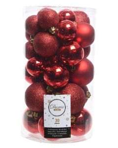 Kaemingk Christmas Baubles Shatterproof - Shiny/Matt/Glitter Mix - Pack of 30 - Christmas Red - dia 4cm/5cm/6cm