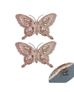 Davies Products Glitter Butterflies Christmas Decoration - Pack of 2 - Rose Gold