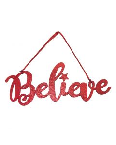 Davies Products Believe Metallic Fabric Hanging Sign Christmas Decoration - 20cm Red