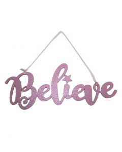 Davies Products Believe Metallic Fabric Hanging Sign Christmas Decoration - 20cm Blush