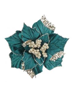 Davies Products Clip-On Velvet Poinsettia Christmas Decoration - 22cm Kingfisher