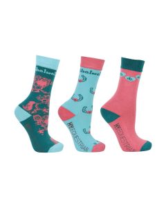 Hy Equestrian Thelwell Collection Children’s Trophy Socks (Pack of 3) - Childs 8-12 - Mint/Pink/Teal